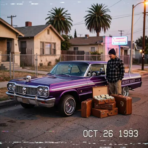 Retro Lowrider Car with Skulls and Dollar Suitcases