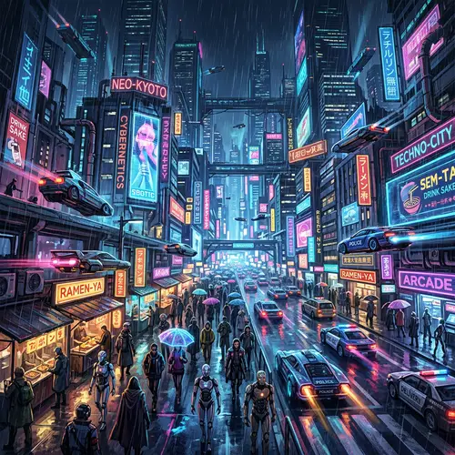 Vibrant Cyberpunk Cityscape Art - Digital Painting in Noir Style