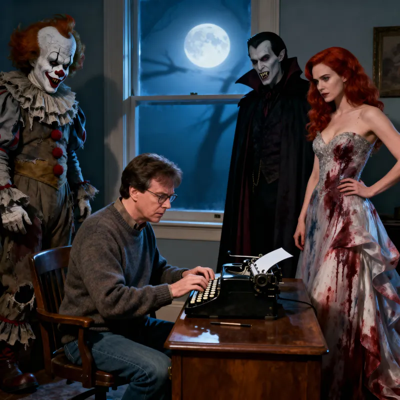 Stephen King Typing in a Spooky Moonlit Room