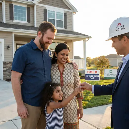 Joyful Mixed Family Receiving New House Keys | Construction Financed with Bank Loan