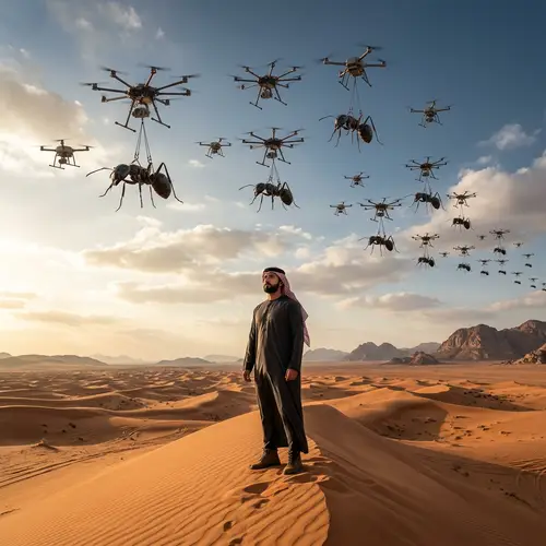 Surrealistic Desert Art: Man & Ant-Carrying Drones