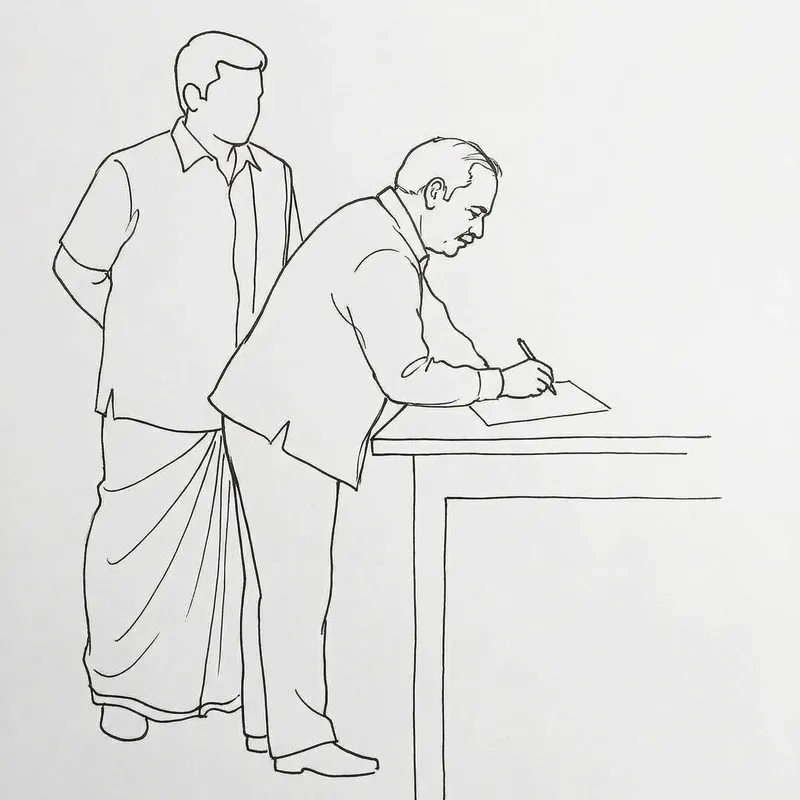 Simple Line Drawing of Middle-Aged Man Writing with Vesti Sattai Simple Line Drawing of Middle-Aged Man Writing with Vesti Sattai