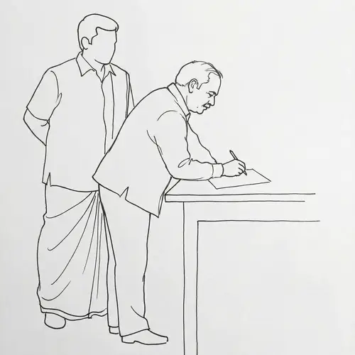 Minimalist Line Drawing of Middle-Aged Man Writing with Vesti Sattai Figure