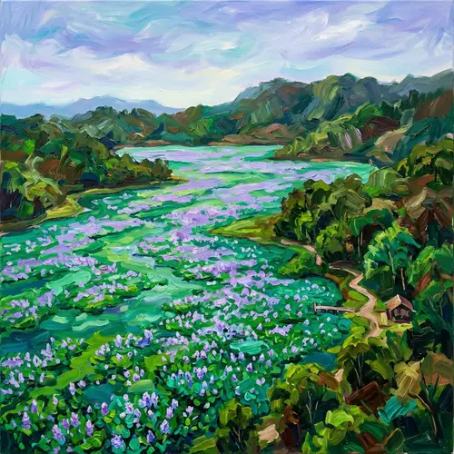 Serene Lake Covered in Lush Green Water Hyacinths