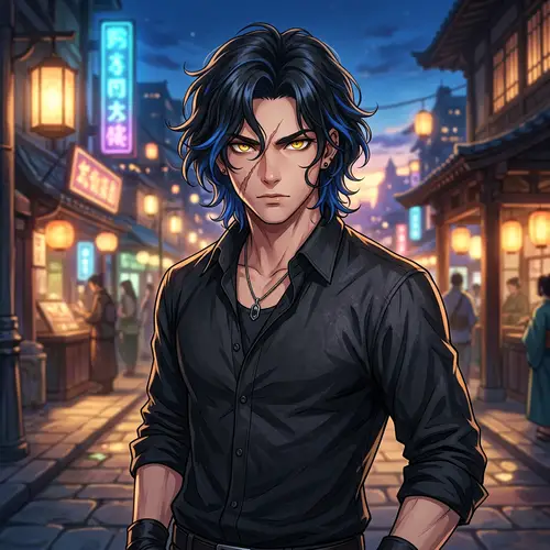 Fictional Anime Character with Black & Blue Hair | Golden Eyes