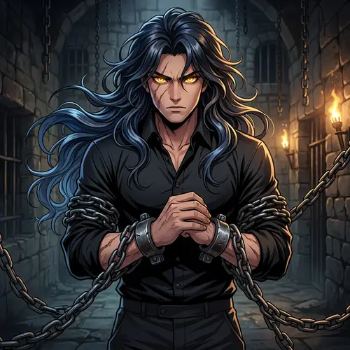 Young Male Anime Character with Long Black and Blue Hair
