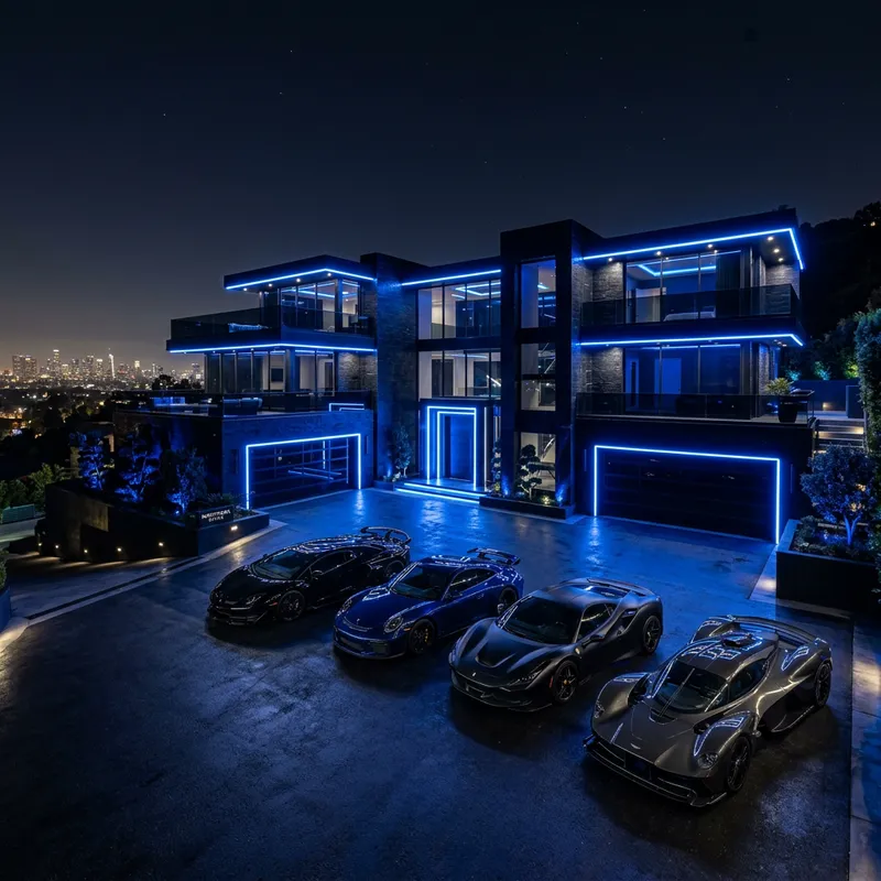 Luxury Black Mansion with Neon Lights