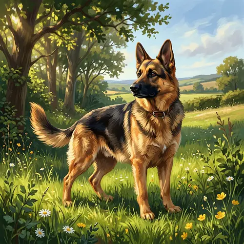 Alert Alsatian Dog in Grassy Field - German Shepherd Illustration