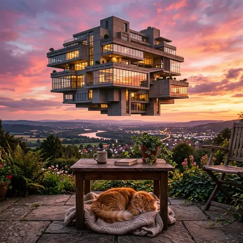 Adorable Cat Under Table with Surreal Building Above