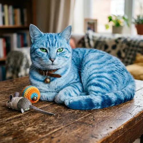 Blue Cat with Vibrant Sky-Like Fur and Green Eyes