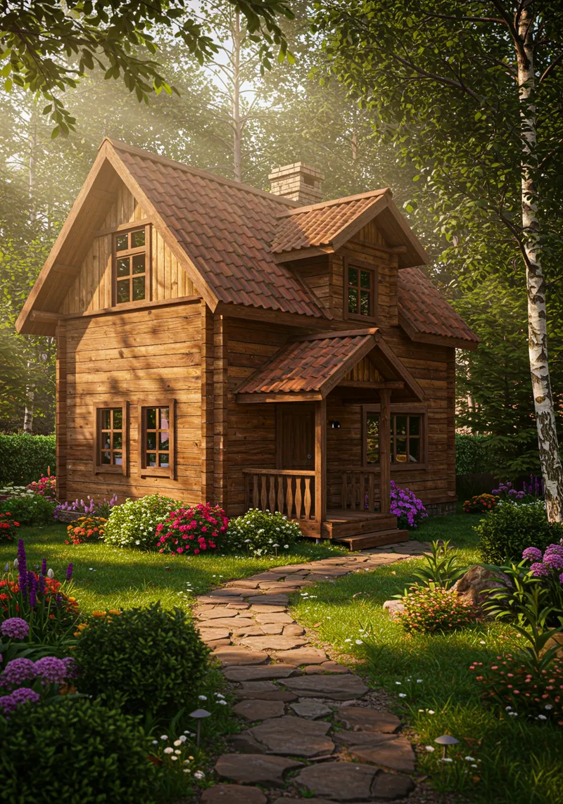 Wooden House with Lush Garden