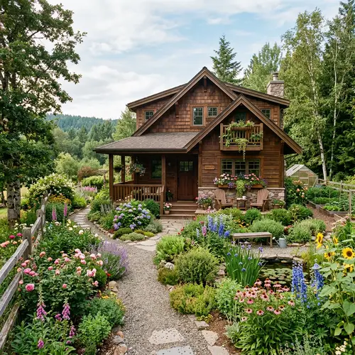 Wooden House with Lush Garden