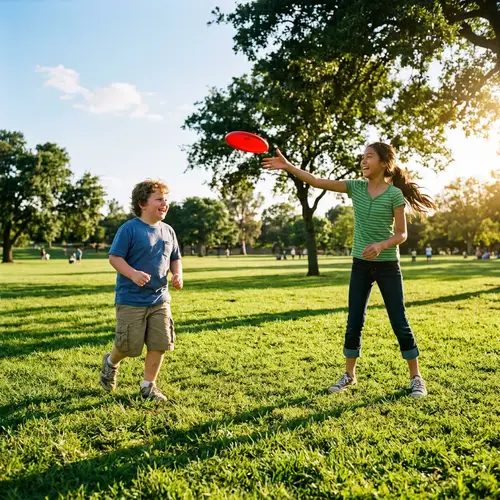 Chubby Boy and Slim Tall Girl Enjoying Outdoor Fun