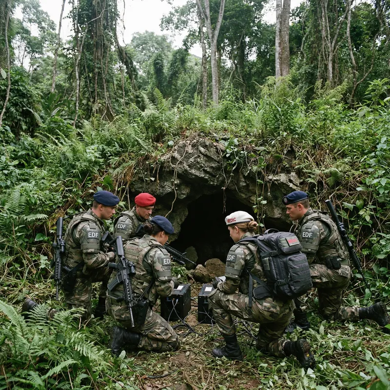 Soldiers Planting Explosives at Jungle Cave Entrance Soldiers Planting Explosives at Jungle Cave Entrance