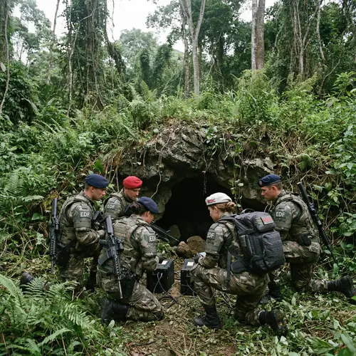 Soldiers Planting Explosives at Jungle Cave Entrance