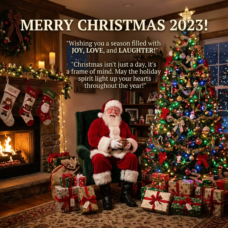 Merry Christmas 2023 with Santa Claus, Christmas Tree & Gifts