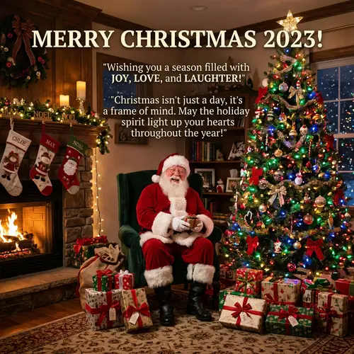 Christmas 2023 Festive Scene with Santa Claus and Gifts
