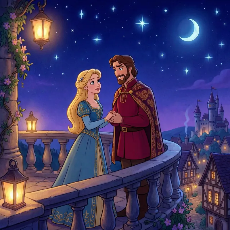 Enchanting Fairy Tale Moment: Blonde Woman & Brunette Man Embracing in Magical Fantasy Scene Enchanting Fairy Tale Moment: Blonde Woman & Brunette Man Embracing in Magical Fantasy Scene