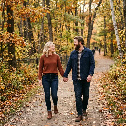 Blonde Woman Holding Hands with Bearded Man - Romantic Stroll