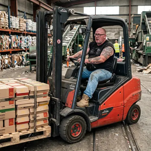 Exhausted Man Drives Forklift at Recycling Plant