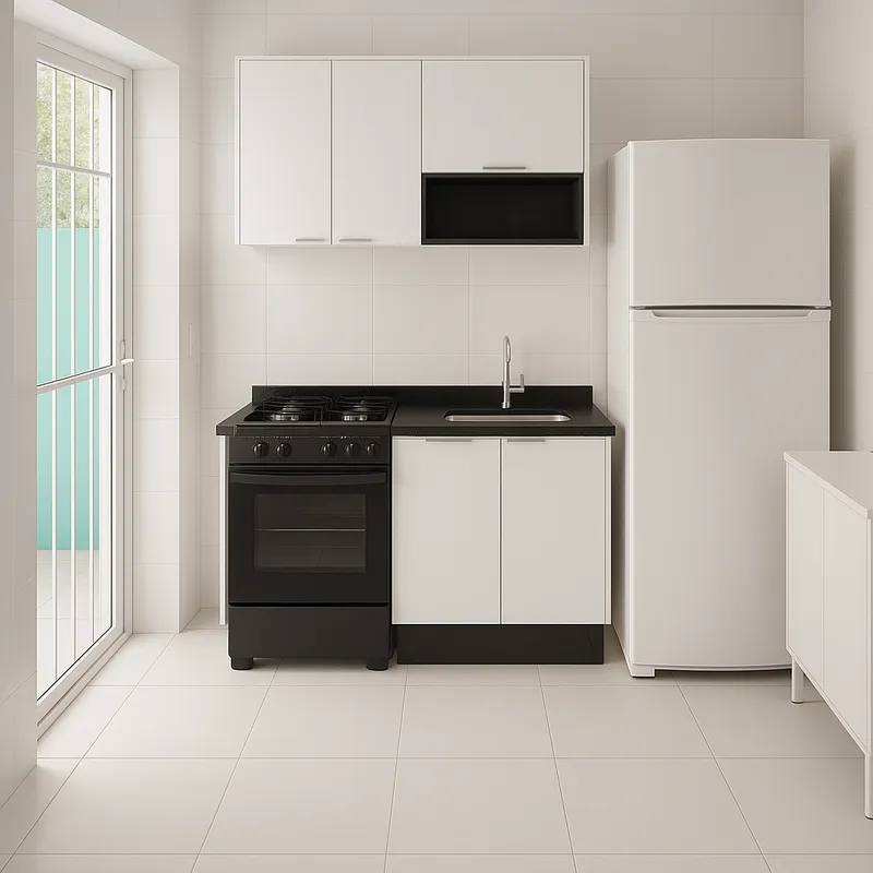 Modern Kitchen Layout: Stove, Fridge & Cabinet