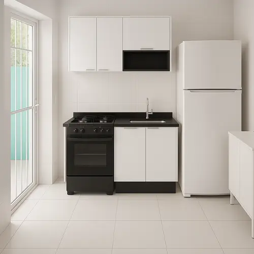 Modern Kitchen Layout: Stove, Fridge & Cabinet