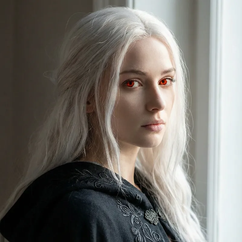 Captivating Woman with White Hair and Fiery Red Eyes