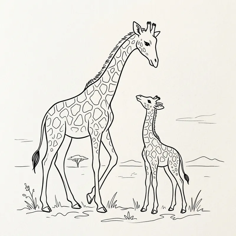 Line Drawing of Giraffe and Baby Giraffe Line Drawing of Giraffe and Baby Giraffe