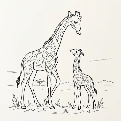 Line Drawing of Giraffe and Baby Giraffe
