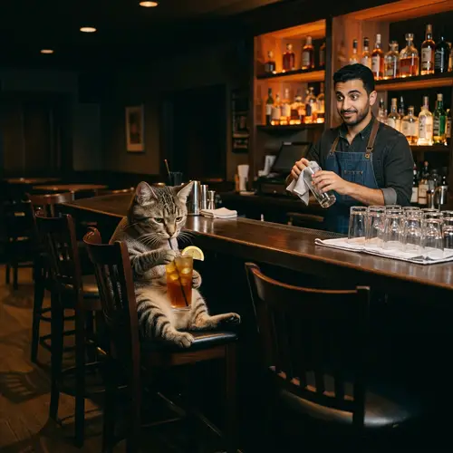Feline Creature at Bar Enjoying Long Island Iced Tea