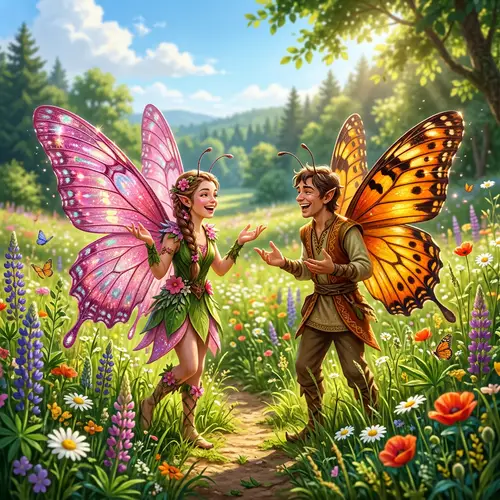 Vibrant Humanoid Butterfly Conversation in Lush Meadow