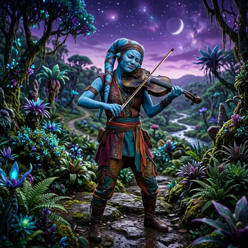 Twi'lek Female Playing Violin in Enchanting Alien Setting