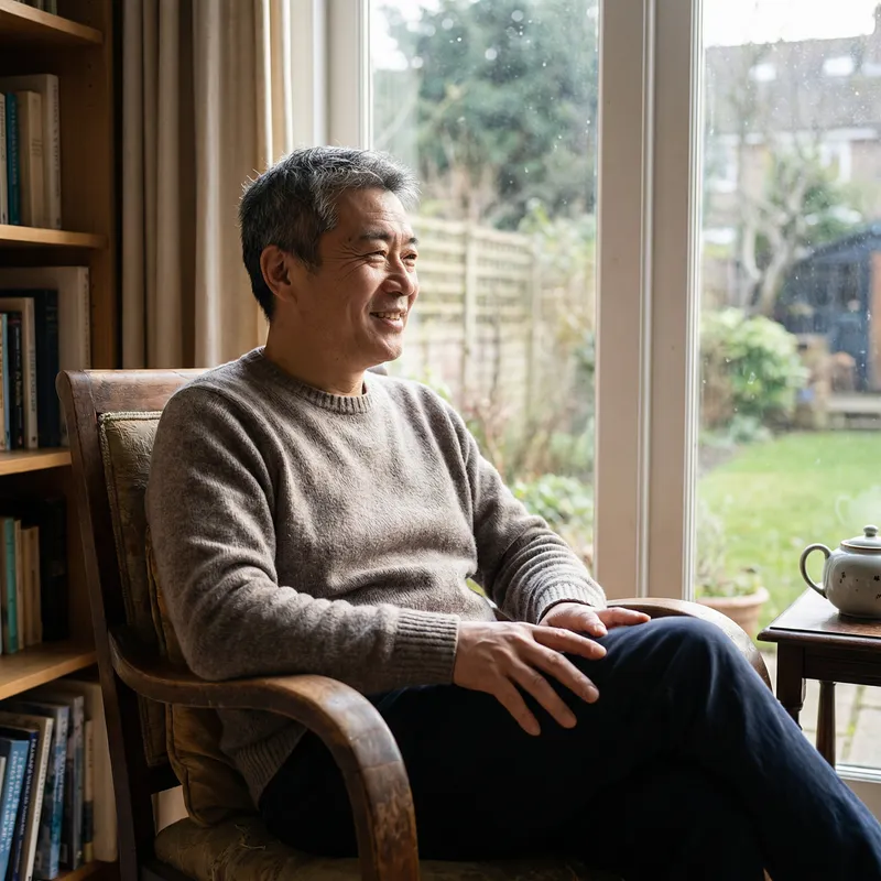Tranquil 50-Year-Old Chinese Male Relaxing and Smiling