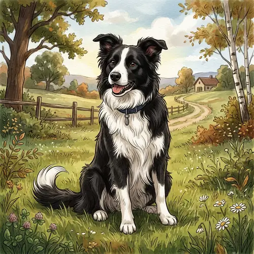 Illustration of Black and White Border Collie Dog