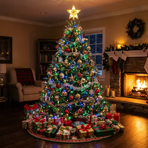 Glistening Christmas Tree with Colorful Ornaments and Presents