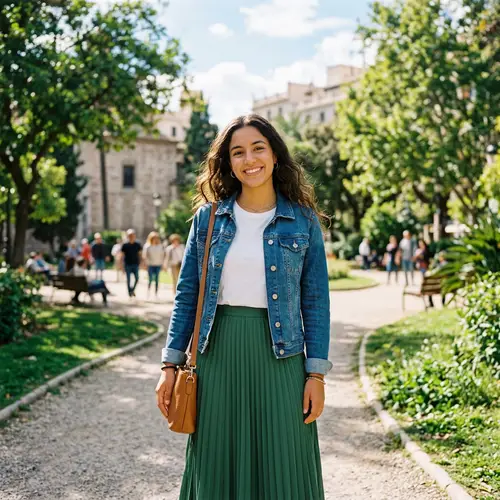 Joven chica morena con sonrisa brillante y outfit primaveral en parque urbano