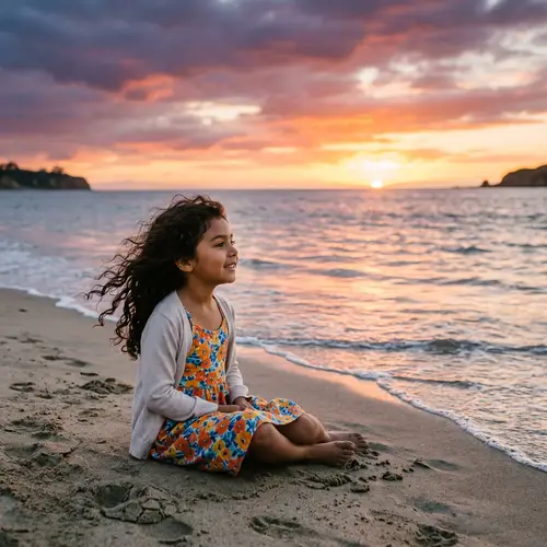 Hispanic Little Girl Enthralled by Sunset at Seashore