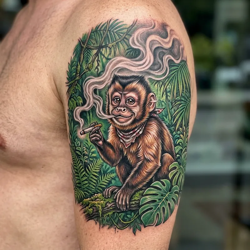 Monkey Tattoo in Jungle Environment Monkey Tattoo in Jungle Environment