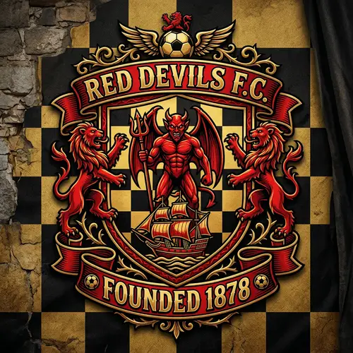 Official Devil Football Team Emblem 1878 - Red Ship, Lion, Checkerboard Design