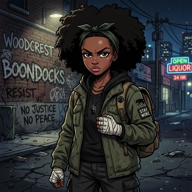 Afro-American Boondock Character with Drawn Brown Eyes and Rosy Lips