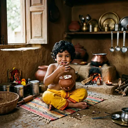 Young South Asian Boy Enjoying Makhan in Traditional Indian Kitchen