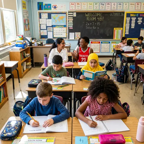 Colorful Classroom with Diverse Group of Kids Learning Together