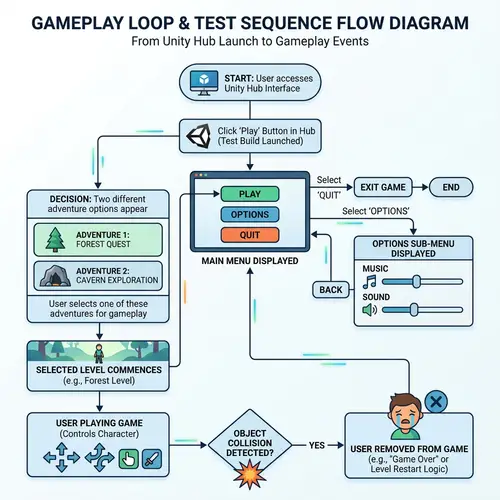 Game Development Process Flow Diagram: Unity Hub, Adventures, Level Commence