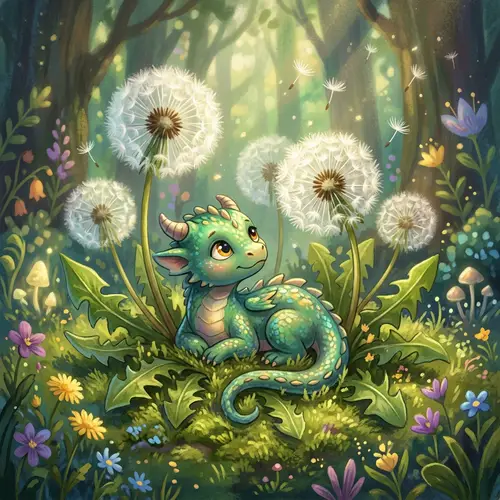 Whimsical Baby Dragon Among Dandelions