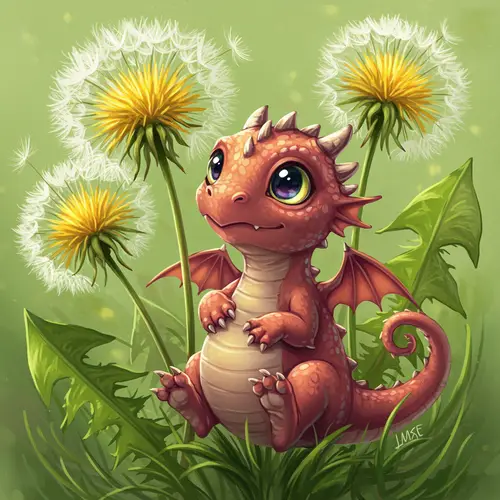Whimsical Baby Dragon Among Dandelions