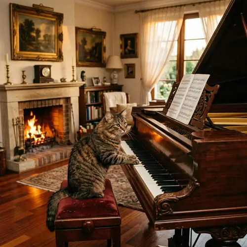 Charming Scene of Fluffy Brown Tabby Cat Playing Piano in Elegant Living Room