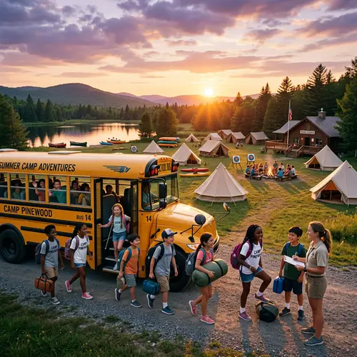 Children Boarding Bus at Summer Camp | Tranquil Landscape View