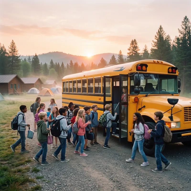 Bright Yellow School Bus at Sunrise: Kids Boarding in Dream-like Scene