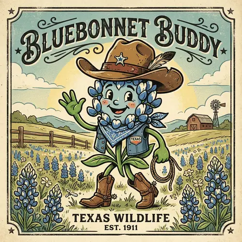 Retro Bluebonnet Mascot with Cowboy Hat