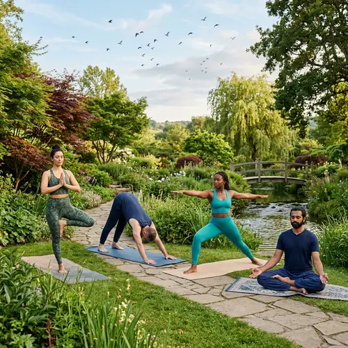 Diverse Yoga Poses in a Peaceful Garden Setting